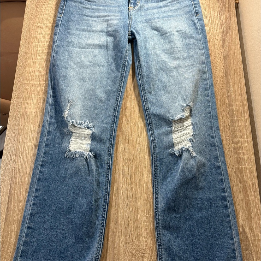 Altar'd State Blue Straight Leg Jeans with Distressed Details